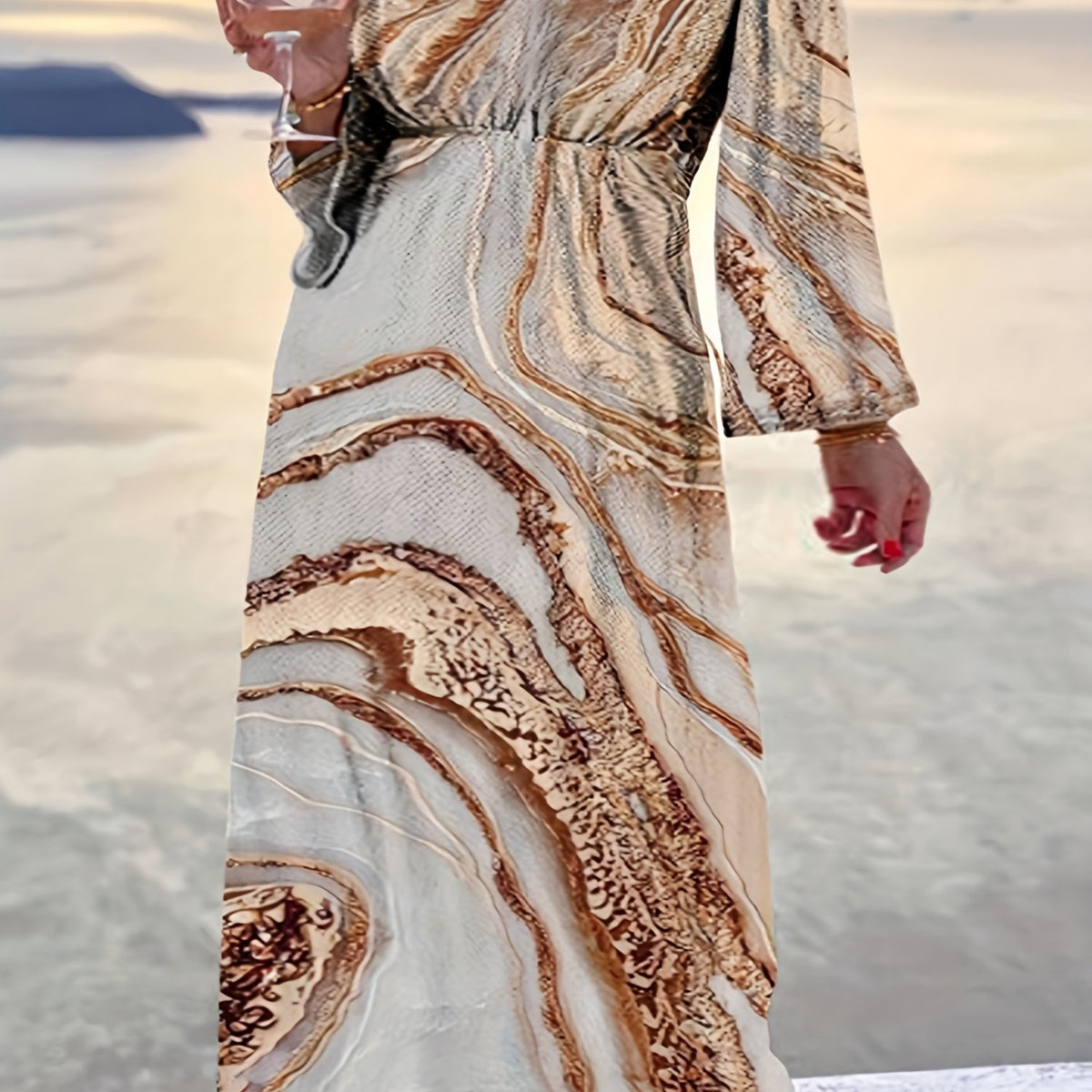  Marble Print Long Sleeve V Neck Pleated Dress