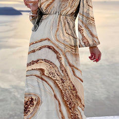  Marble Print Long Sleeve V Neck Pleated Dress