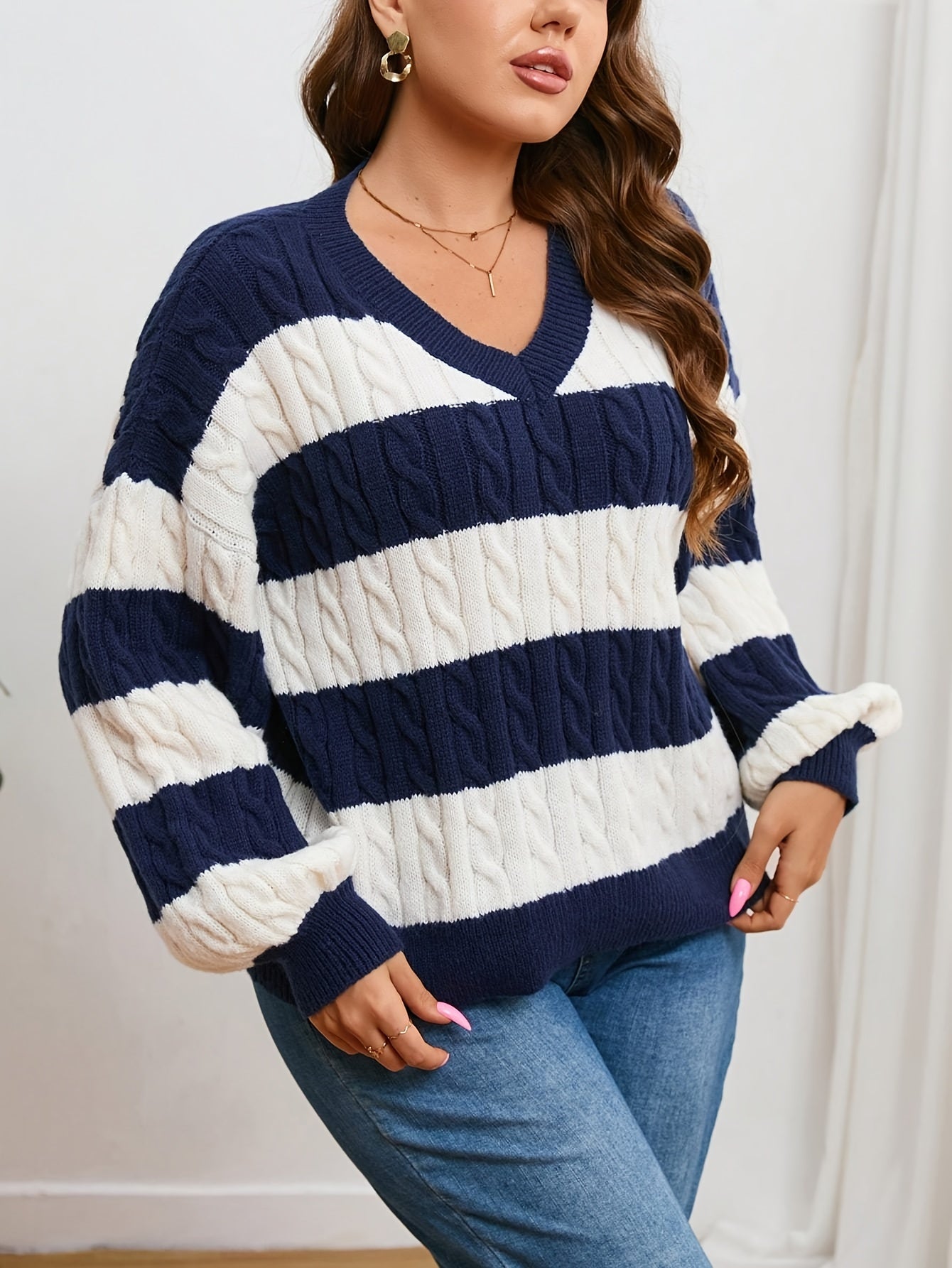  V-Neck Cable Knit Sweater - Stripe Pattern