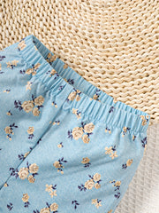 2pcs Baby Girls Ditsy Print Cut Out Puff Sleeve Shirt & Shorts Set