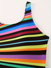  Round Neck Stripe Print One Piece Swimsuit