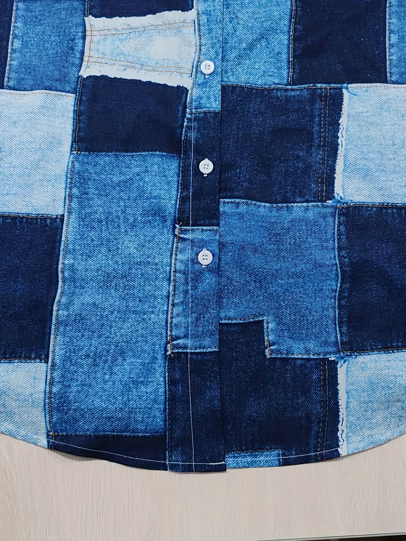  Colorblock Denim Print Button-Up Shirt