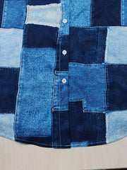  Colorblock Denim Print Button-Up Shirt
