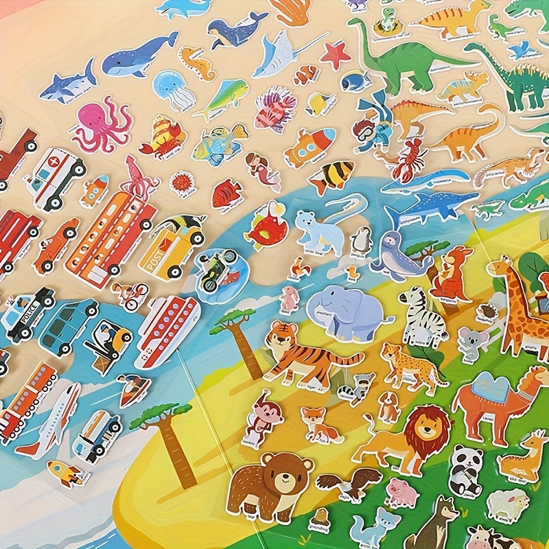 Reusable Waterproof Sticker Book Kids Double Sided Dinosaurs Animals & Vehicles