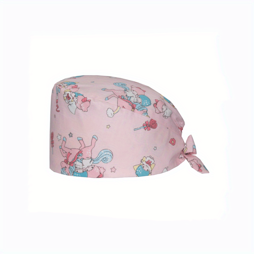 Cartoon Print Nurse Scrub Cap Adjustable Elastic Women Working Hat