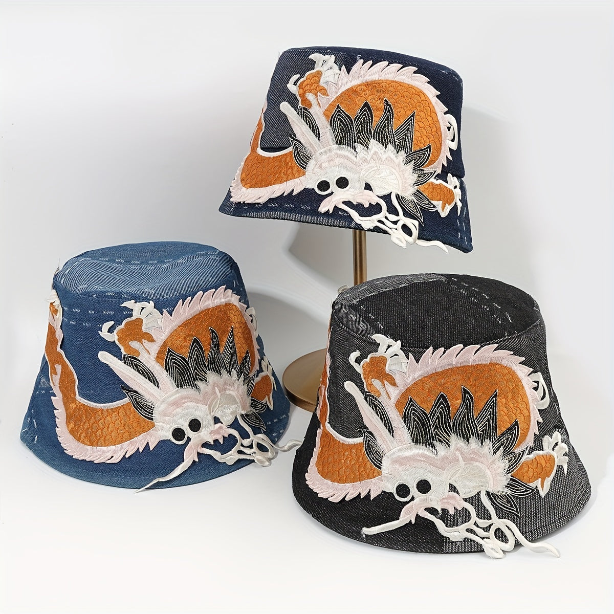 Dragon Embroidery Washed Denim Bucket Hat Sunshade Retro Style Basin Hat