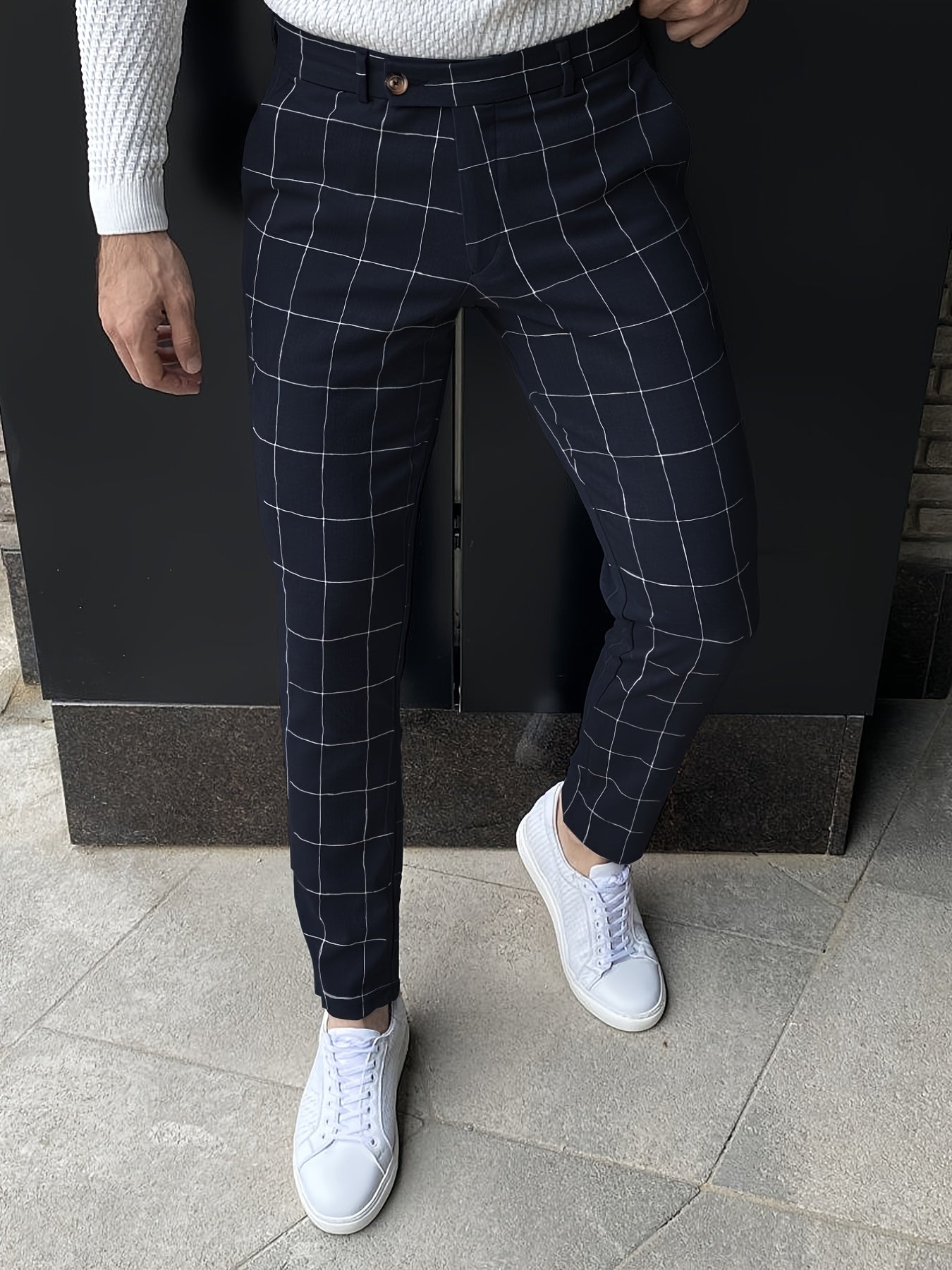 Slim Fit Plaid Slacks Men's Casual Vintage Style Slightly Stretch Dress Pants