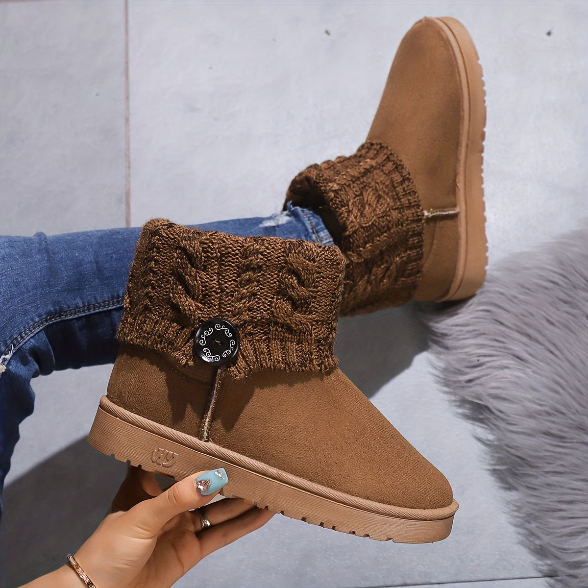 Women's Winter Snow Boots Button Knitting Band Ankle Boots