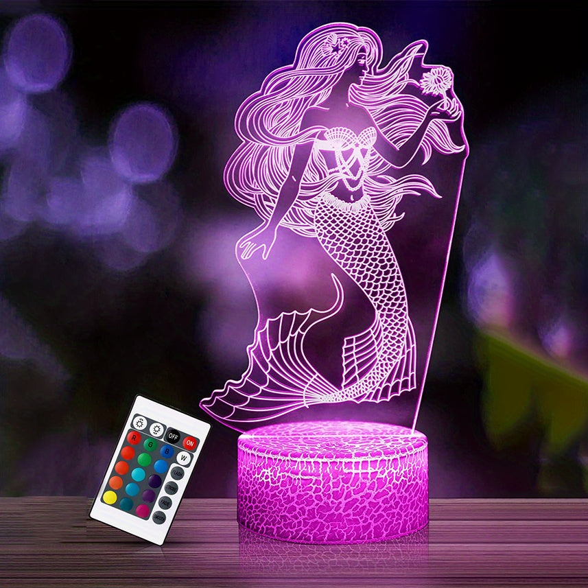 Mermaid 3D Illusion Lamp - The Little Mermaid LED Night Light - 16 Colors