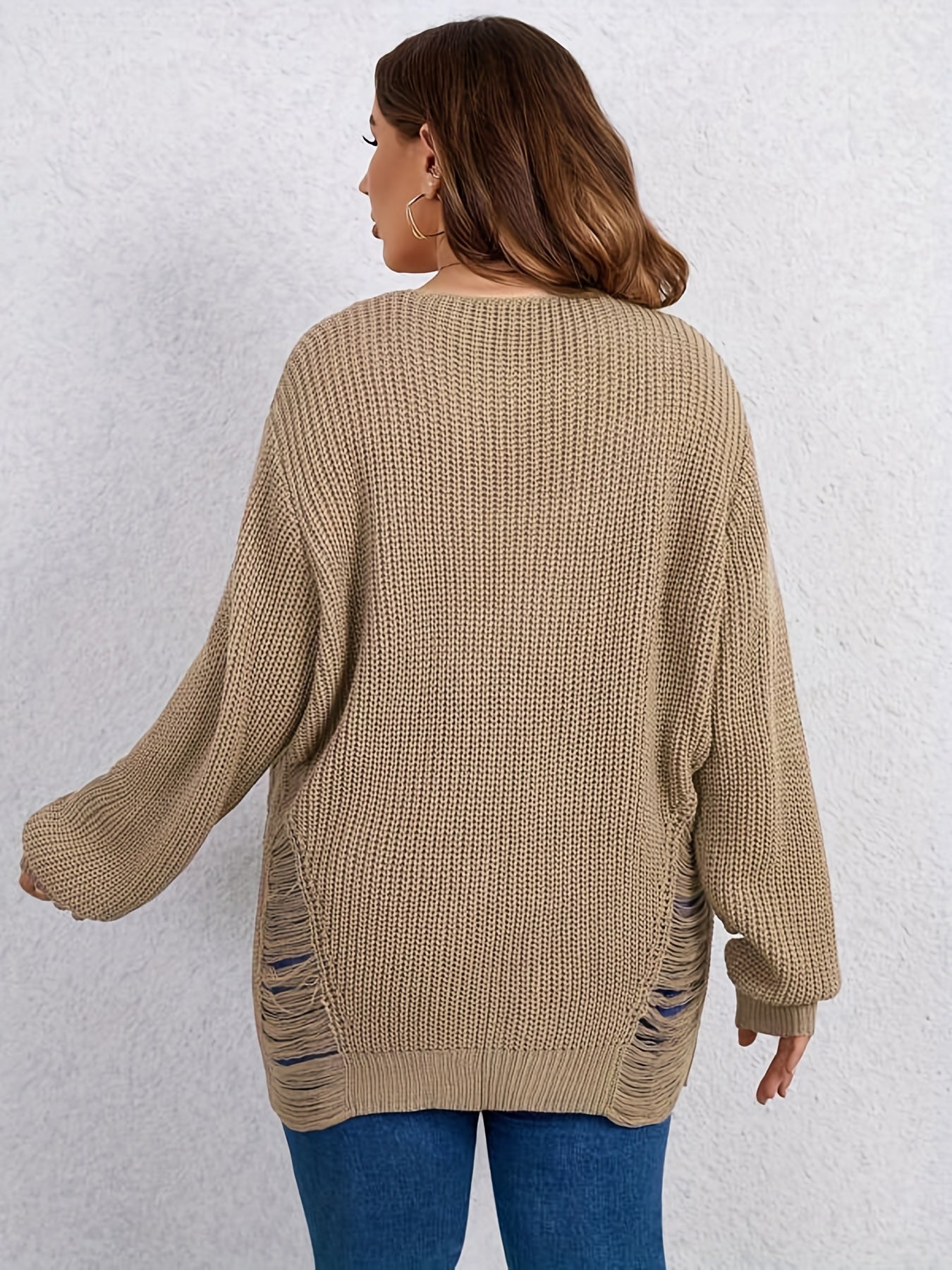  Solid Ripped Lantern Sleeve Open Front Cardigan