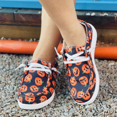Women's Pumpkin Printed Lace Up Low Slip On Lightweight Flat Shoes