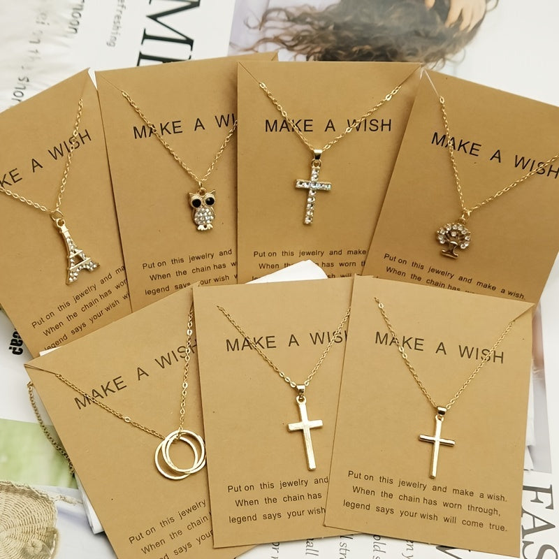 Cross Tree Tower Owl Circle Ring Pendant Clavicle Chain Necklace With Paper Card