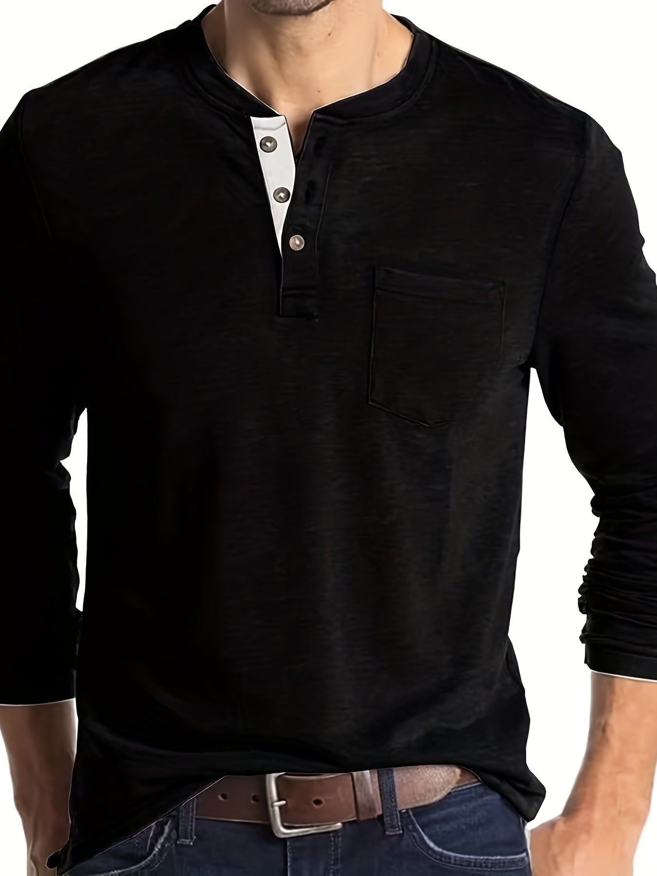 Men's Solid Long Sleeve Button T-shirt for Autumn