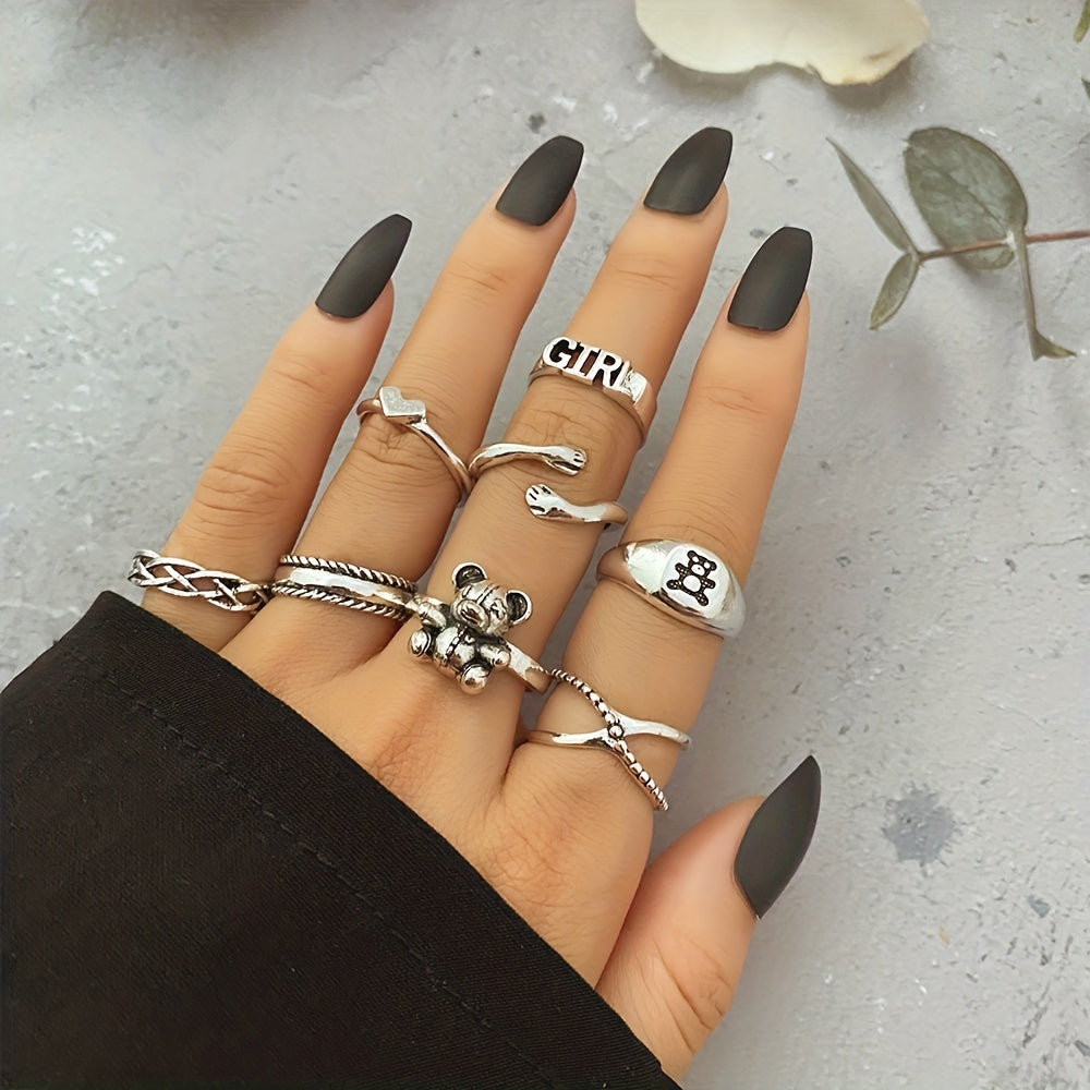 8pcs Punk Style Stacking Rings Teddy Bear Heart Mix Match Daily Outfits Party