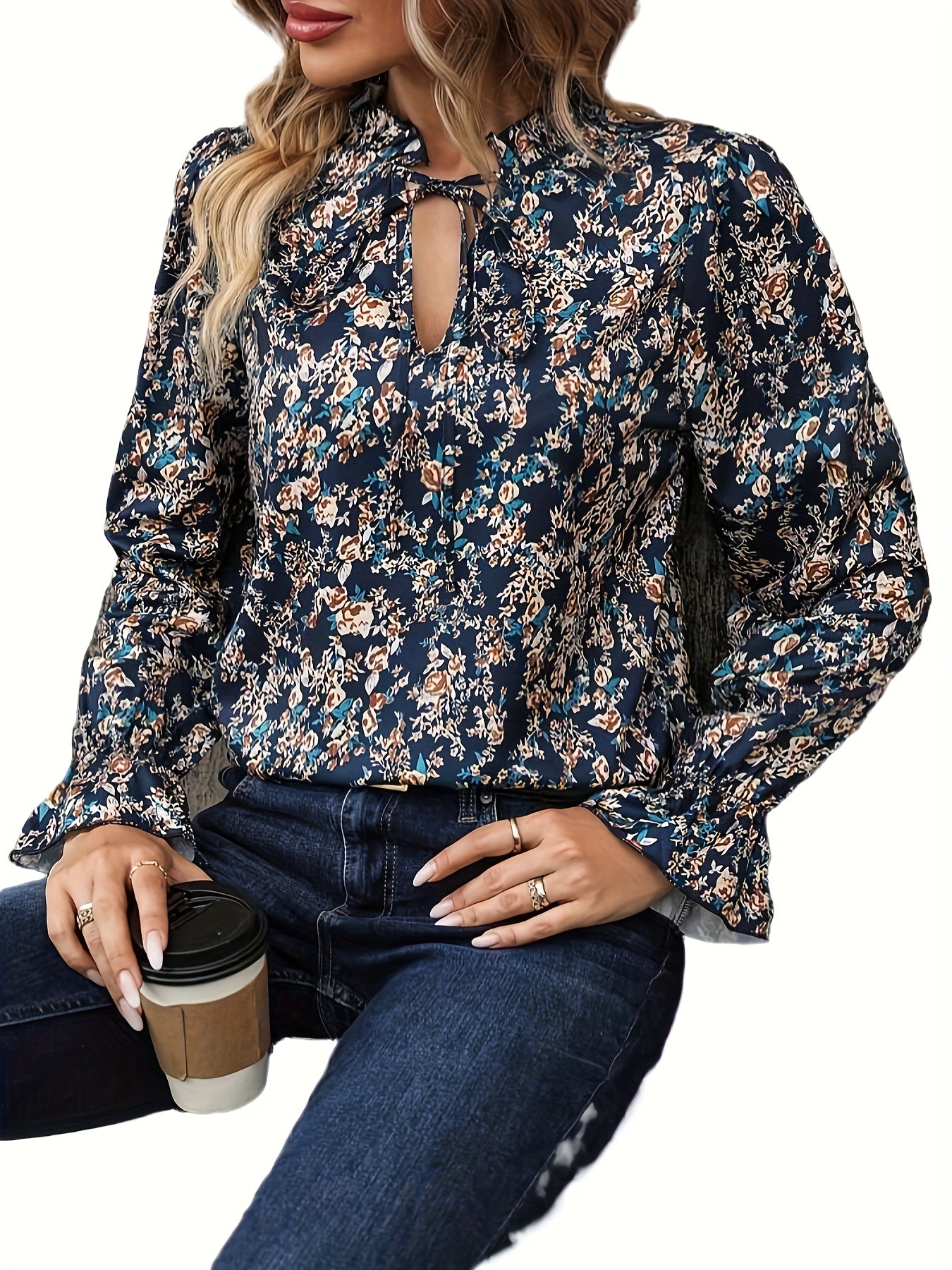  Ditsy Floral Print Ruffle Trim Blouse