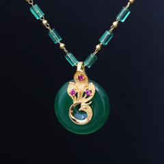 Handcrafted Simulated Jade Peacock Pendant Necklace - Good Luck Gift