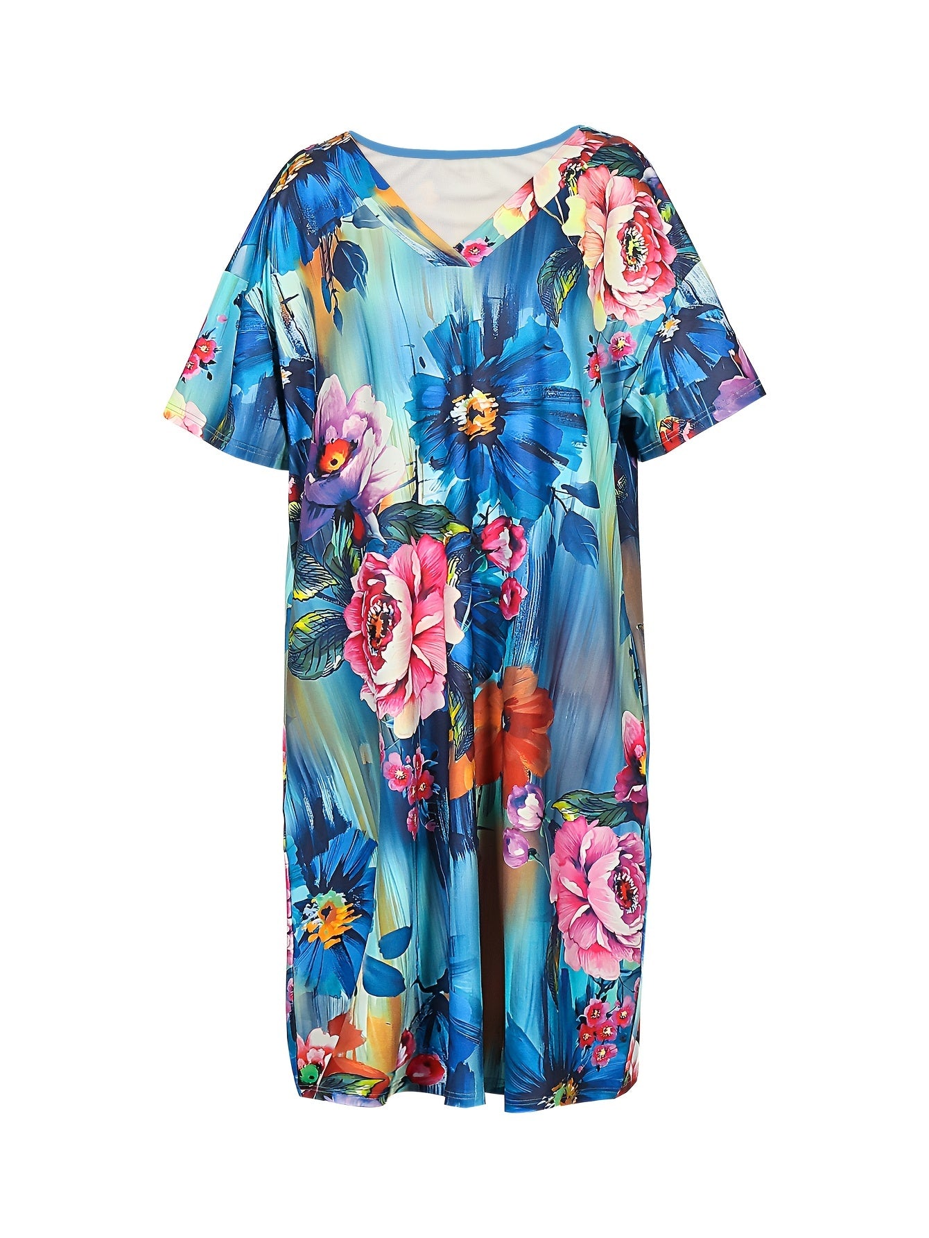 Women's Plus Floral Print V Neck Dress with Pockets