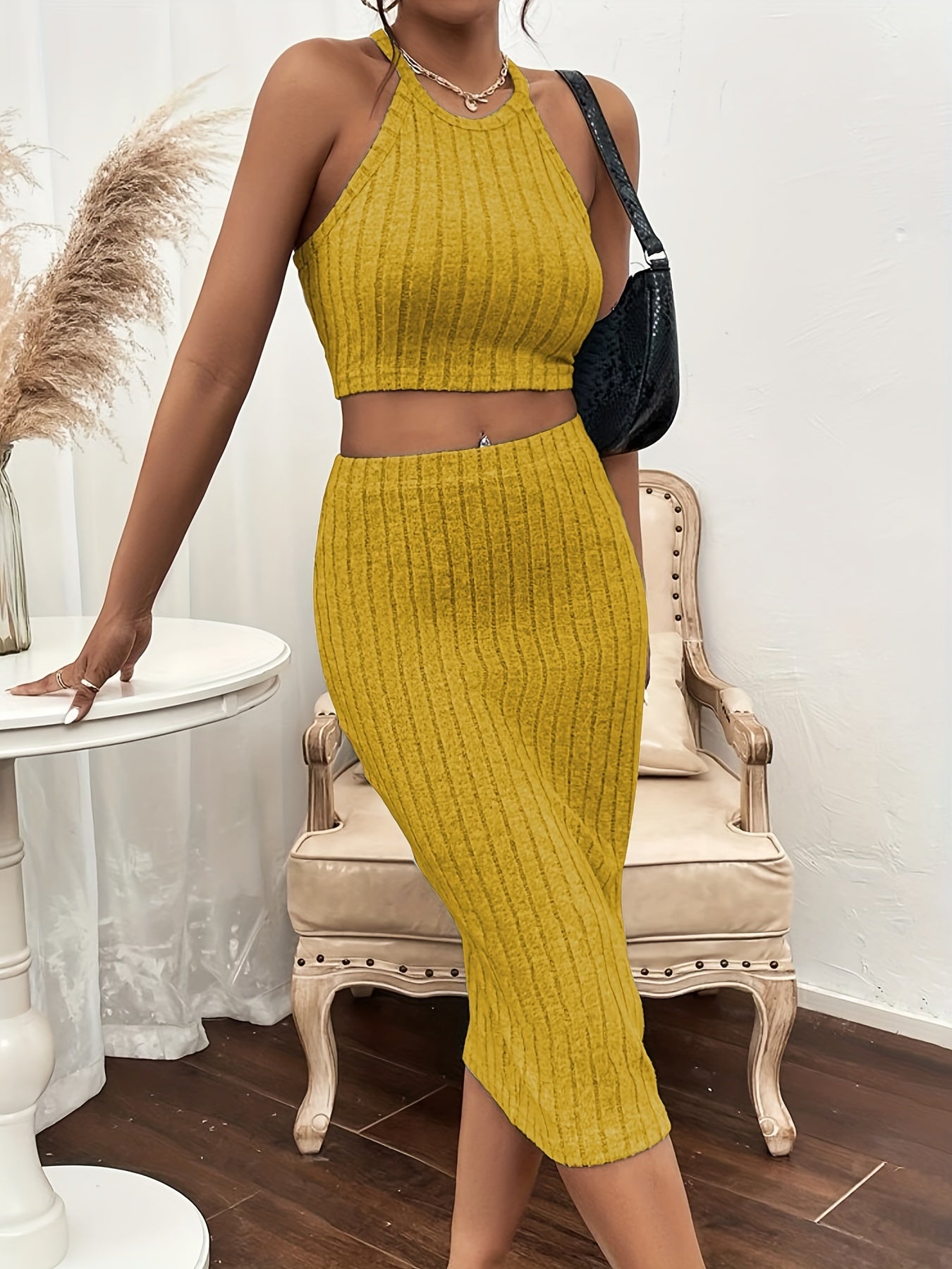 Ribbed Two piece Set Crop Top & Mini Skirts Outfits Women's Clothing
