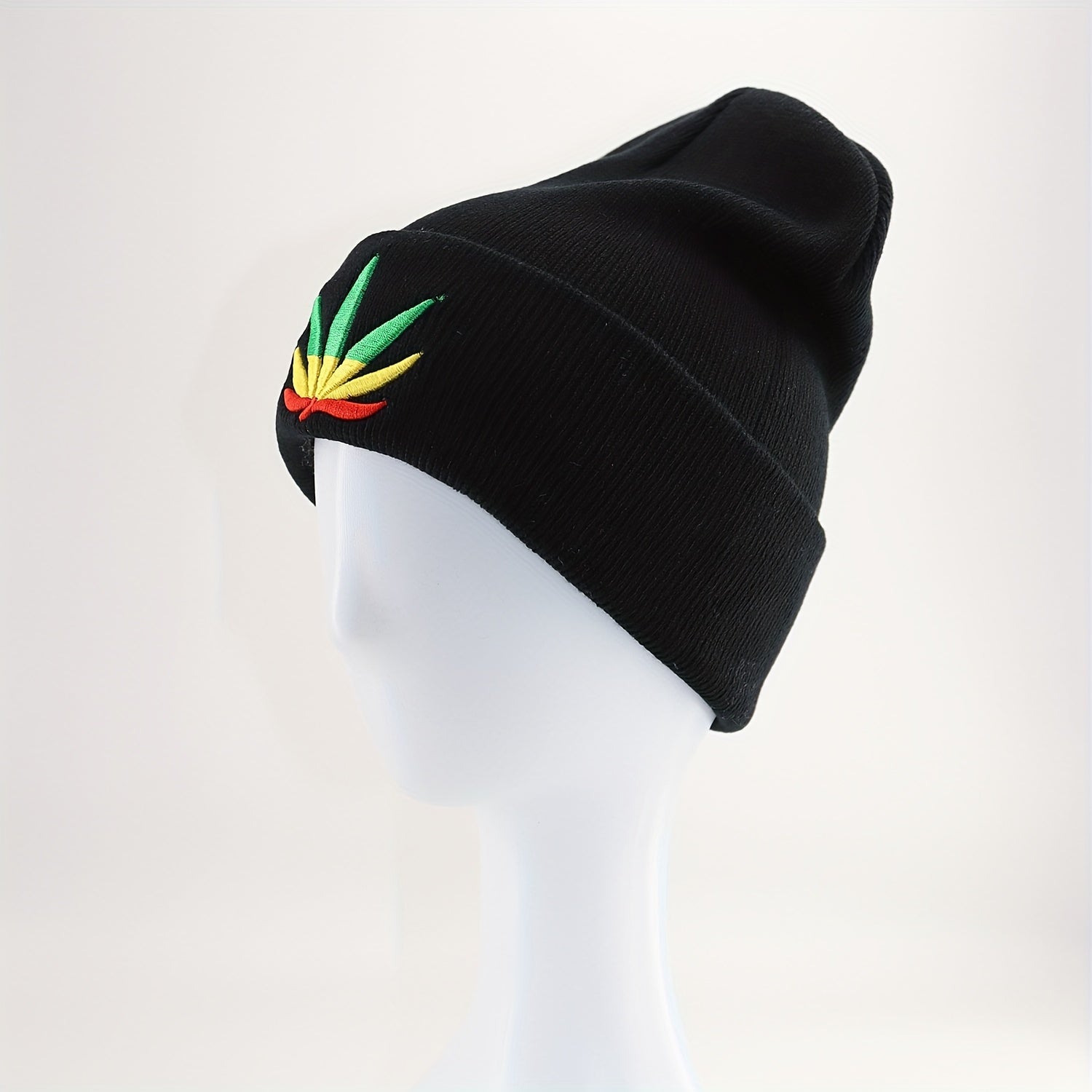 Leaf Embroidery Beanie Unisex Solid Knit Hat Warm Skull Cap