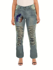  Retro Jeans Women's Plus Graphic Distressed Straight Leg Jeans