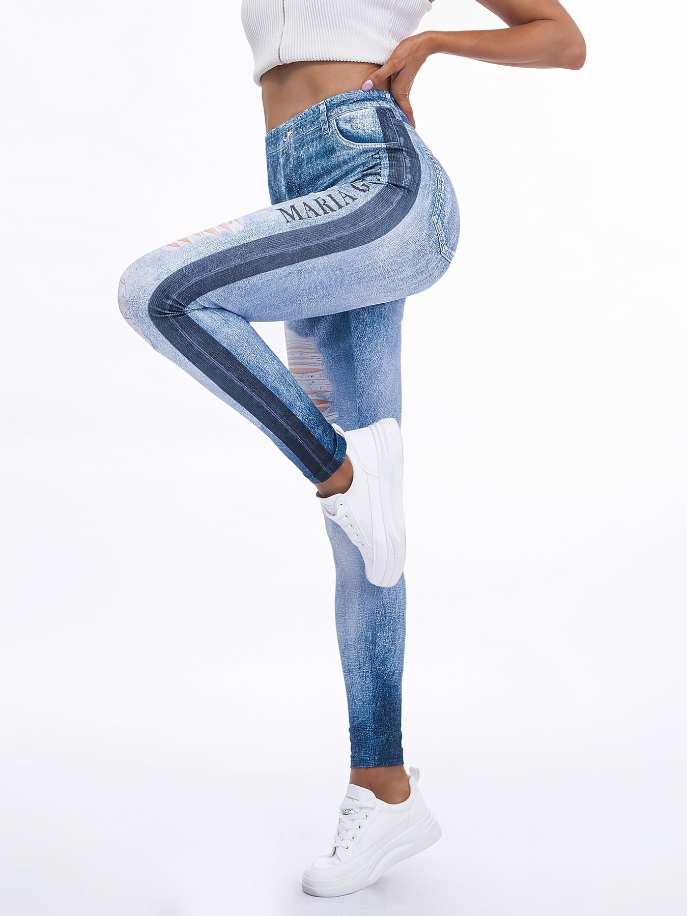Floral Printed High Waist Leggings Faux Denim Yoga Pants