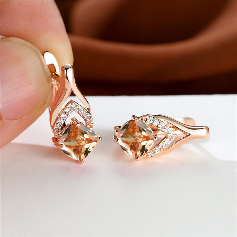 Vintage Bridal Earrings Red Aqua Stone Drop Golden Square Zircon Cut