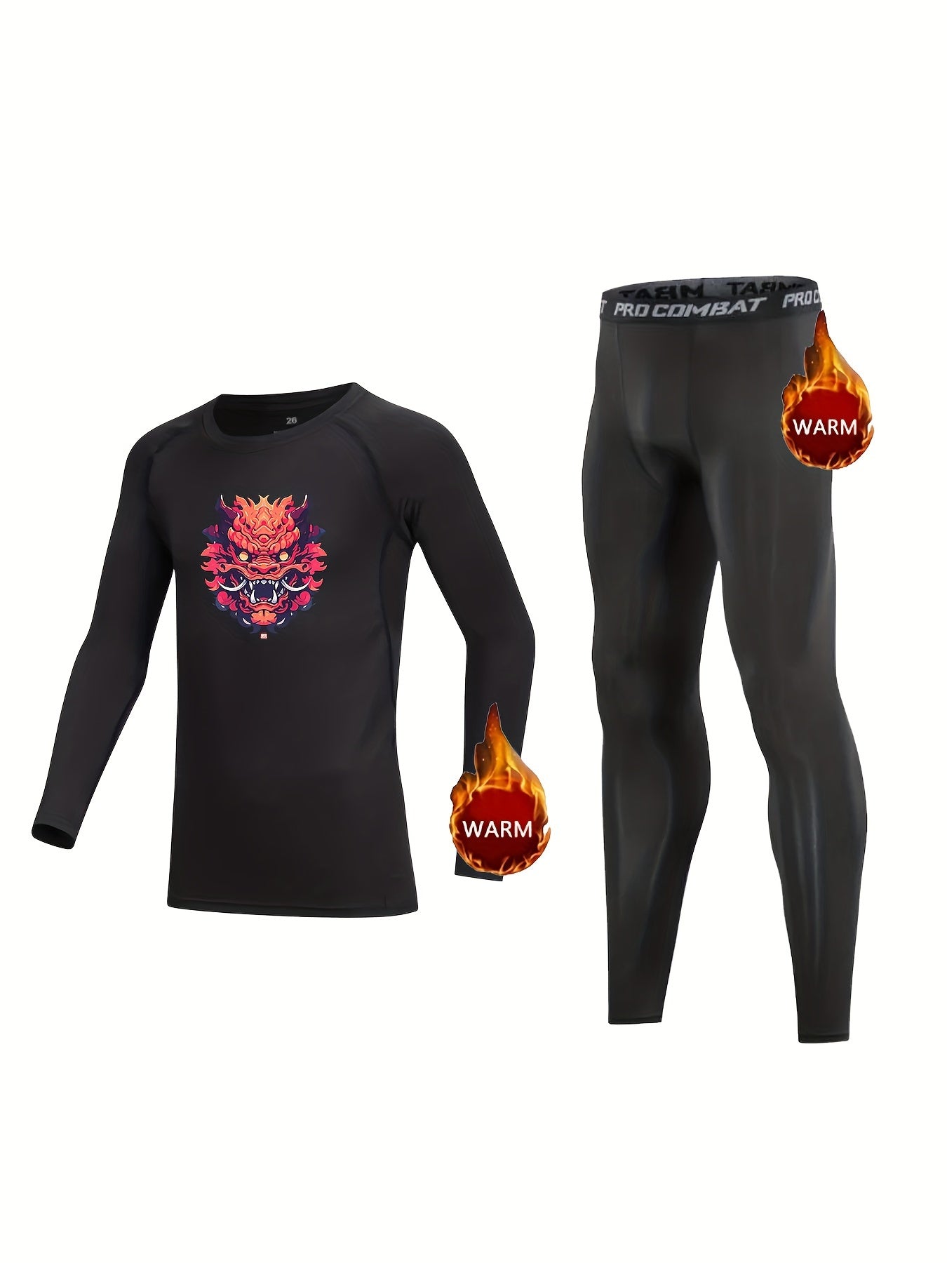 Kids Dragon Print Fleece Lined Base Set Compression Tops