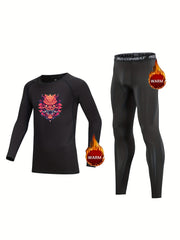 Kids Dragon Print Fleece Lined Base Set Compression Tops