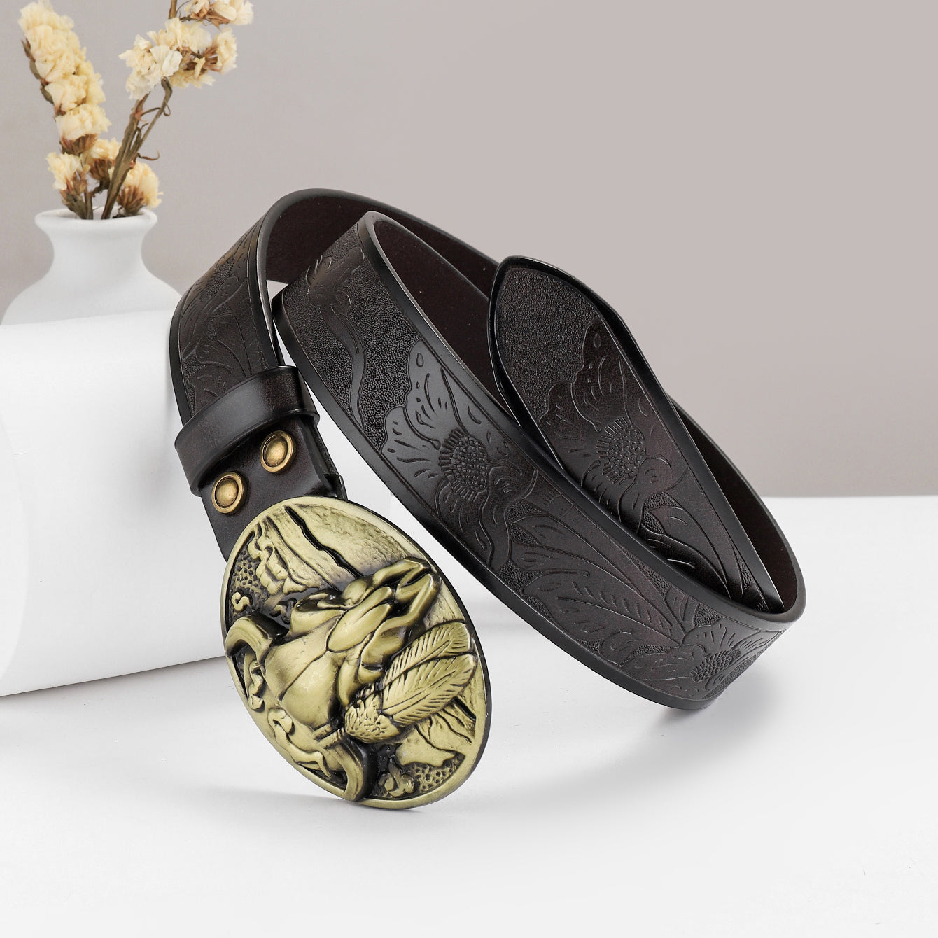 Men's Embossed Leather Belt With Bull Head Buckle Vintage Leather Belt