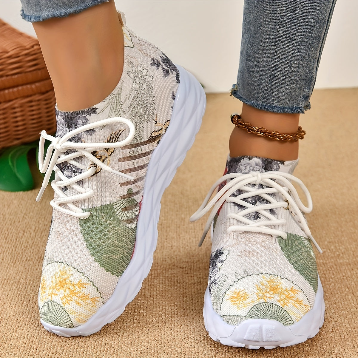 Women's Art Printed Sports Shoes Retro Knitted Low Top Running Shoes