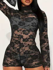  Lace Bell Sleeve Mock Neck Romper