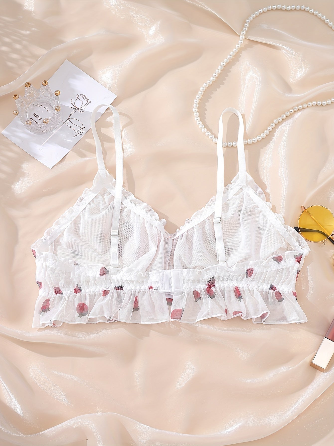  Peach Mesh Ruffle Trim Bow Detail Bralette