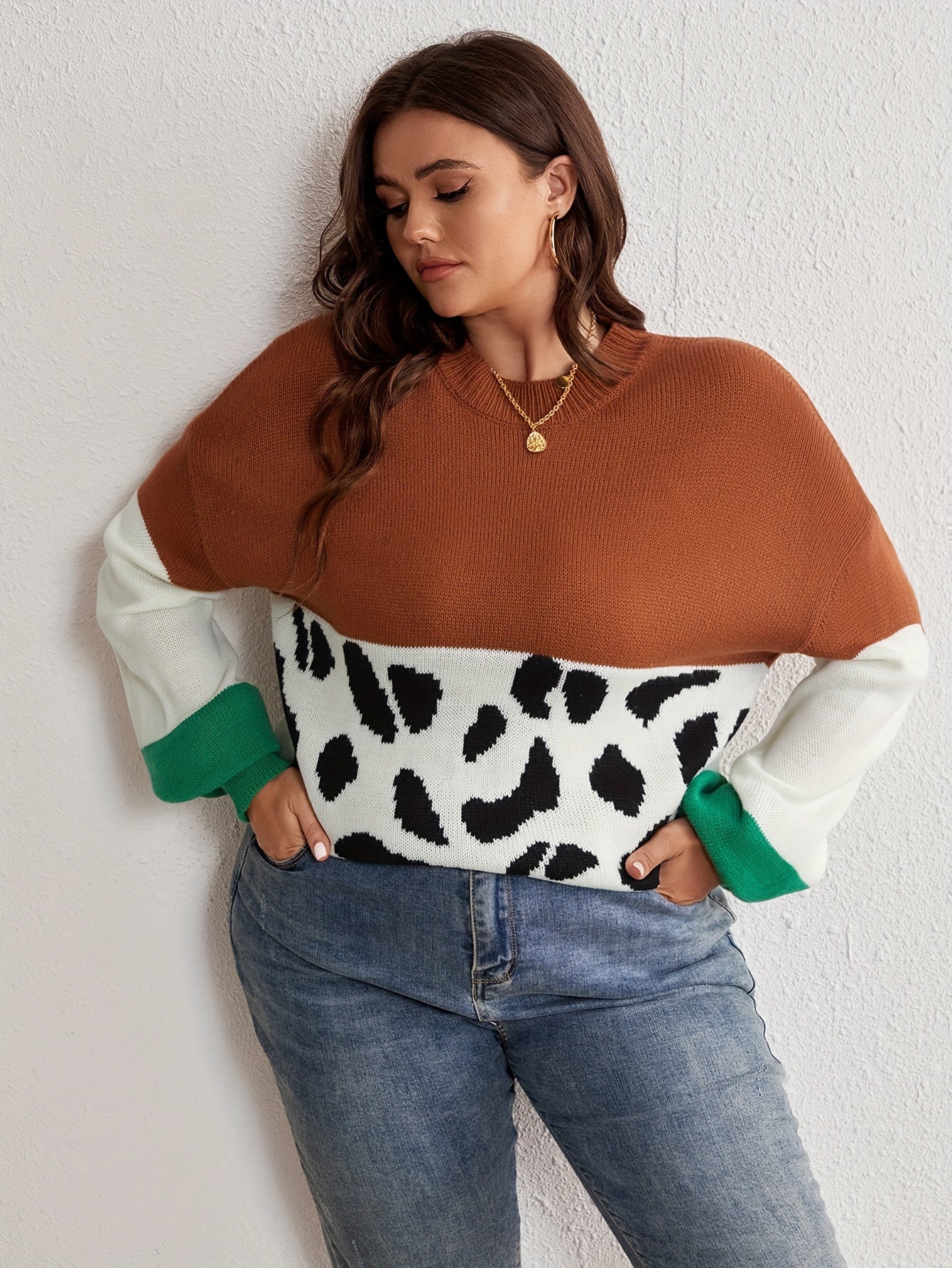  Colorblock Leopard Pattern Sweater