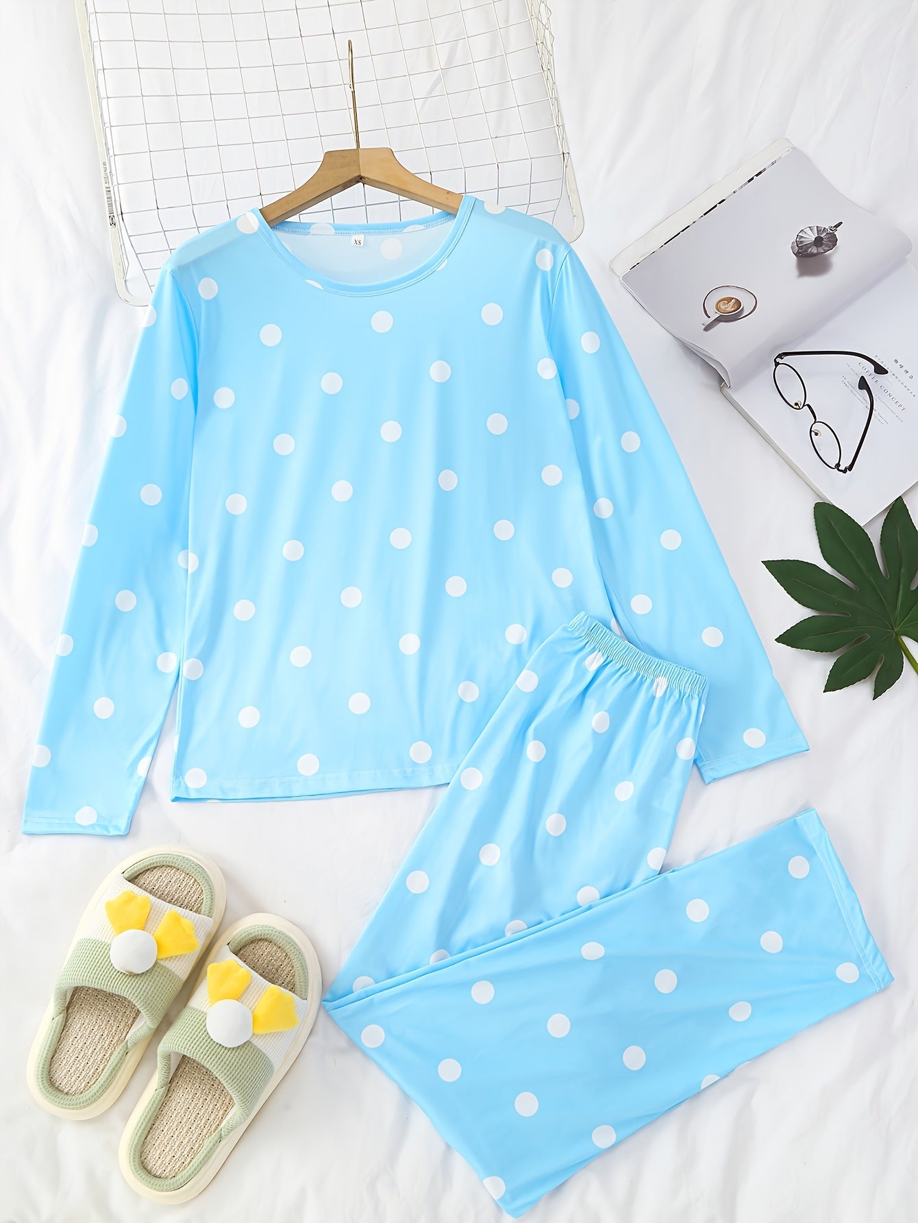 Polka Dots Pajama Set Long Sleeve Round Neck Top And Pants