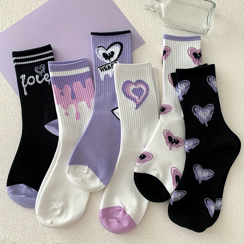 6 Pairs Heart Print Mid Tube Socks Women's Stockings