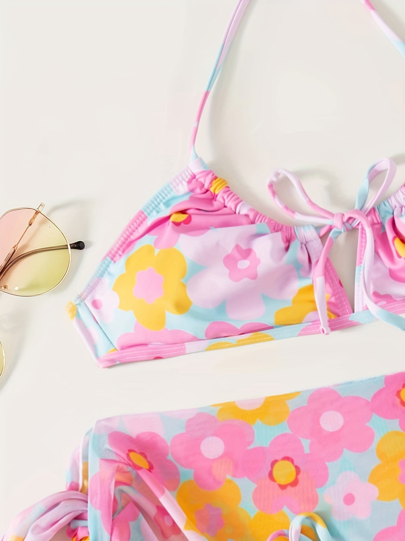 Digital Floral Print Bikini Set with Sheer Wrap Skirt