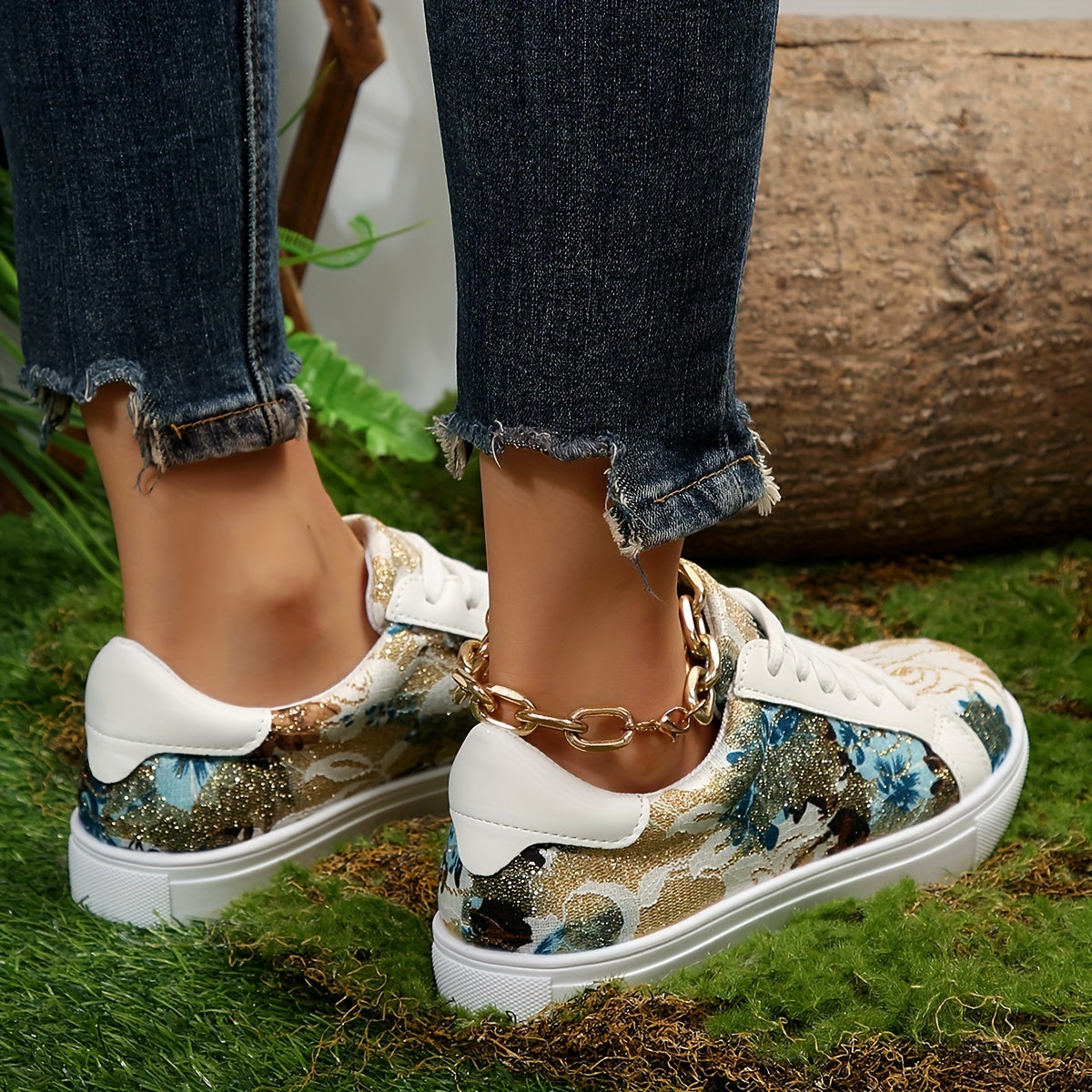 Floral Graphic Lace-Up Sneakers for Women
