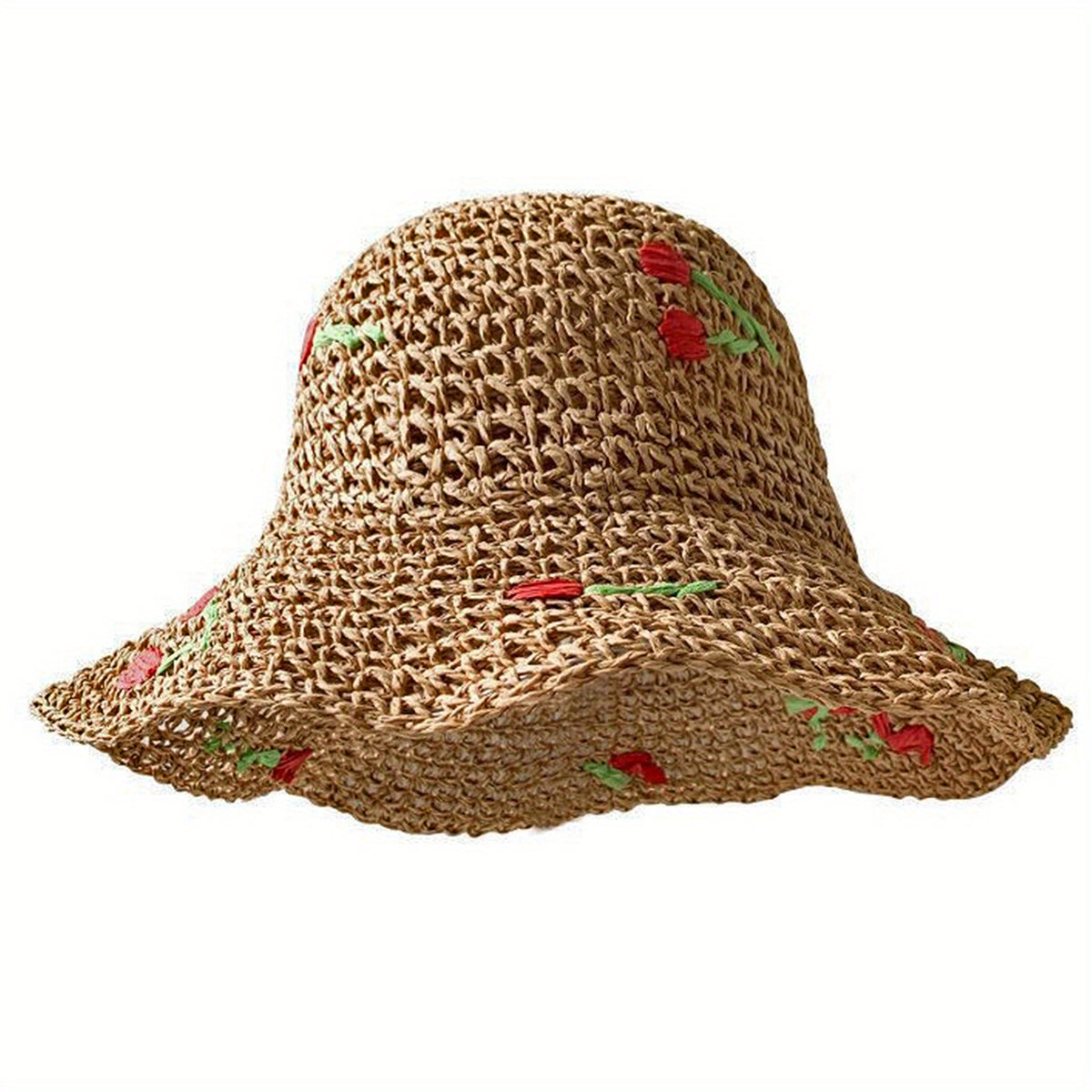 Vintage Straw Bucket Hat Cherry Ruffles Sun Hat