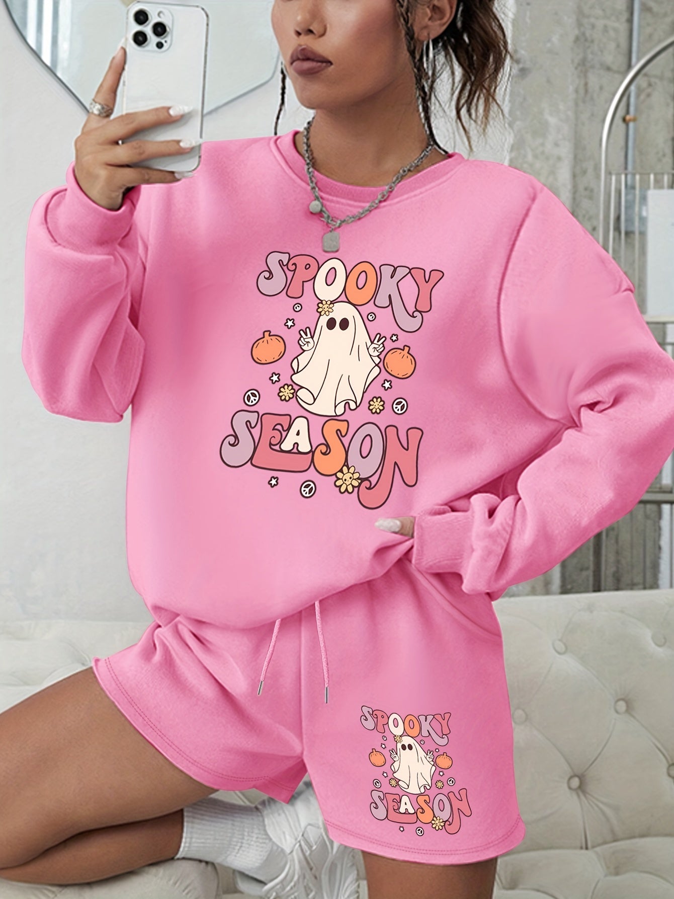  Halloween Graphic Print Sweatshirt & Shorts 2pcs Set