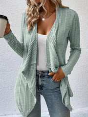  Solid Ribbed Long Sleeve Open Front Cardigan