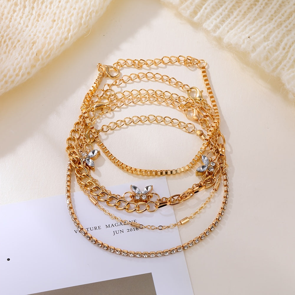 Golden Chain Butterfly Rhinestone Bracelet Set