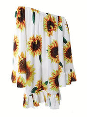  Women's Sunflower Print Bell Sleeve Pleated Dress