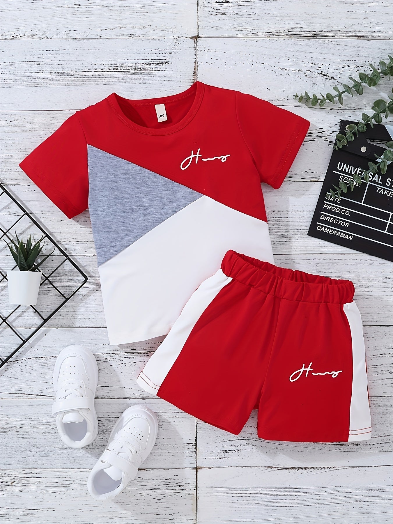 2pcs Boys Teen Casual Block T Shirt & Shorts Set For Summer