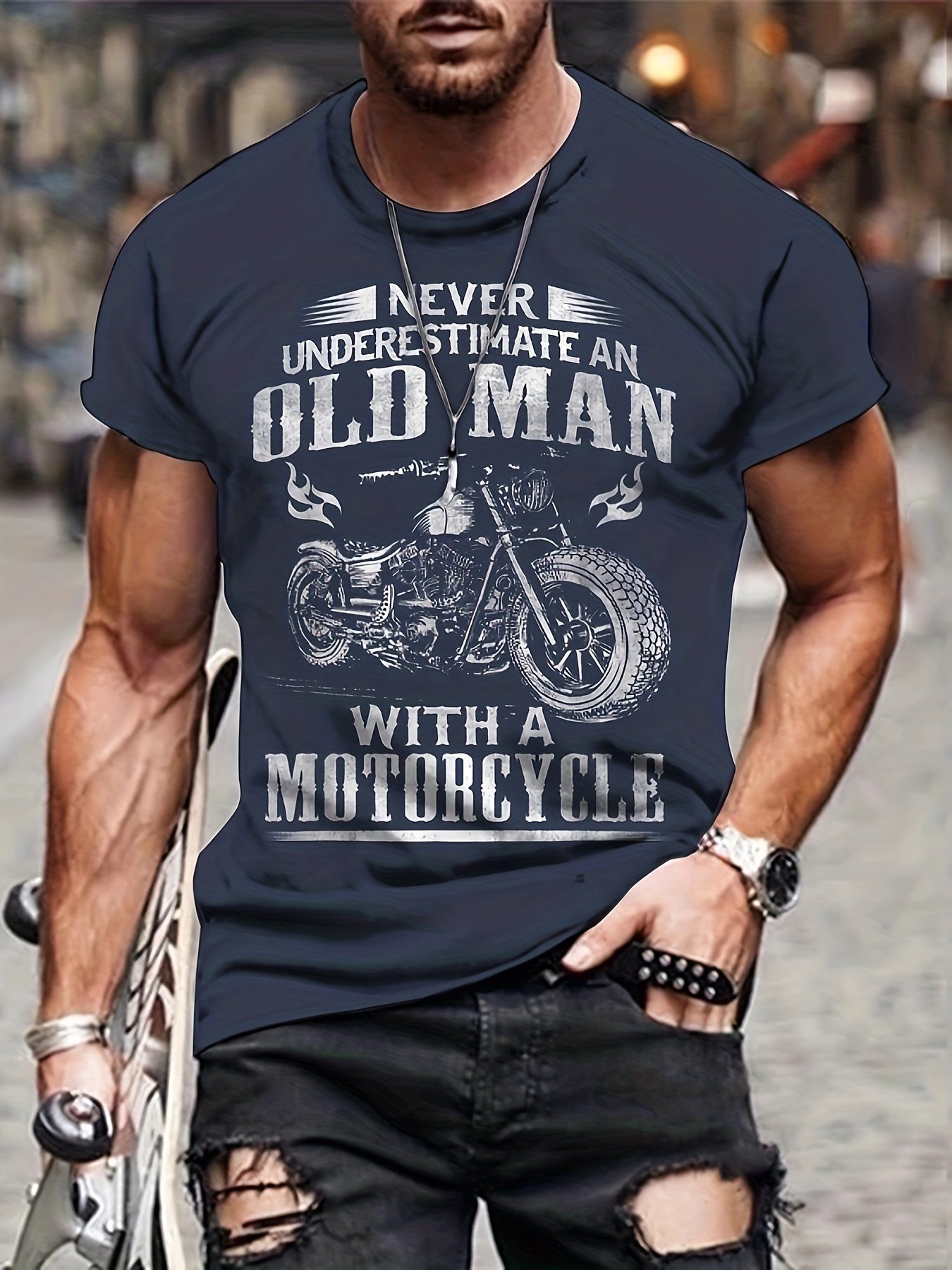 Men's 3D Motorcycle Print T Shirt Casual Mid Stretch Tee