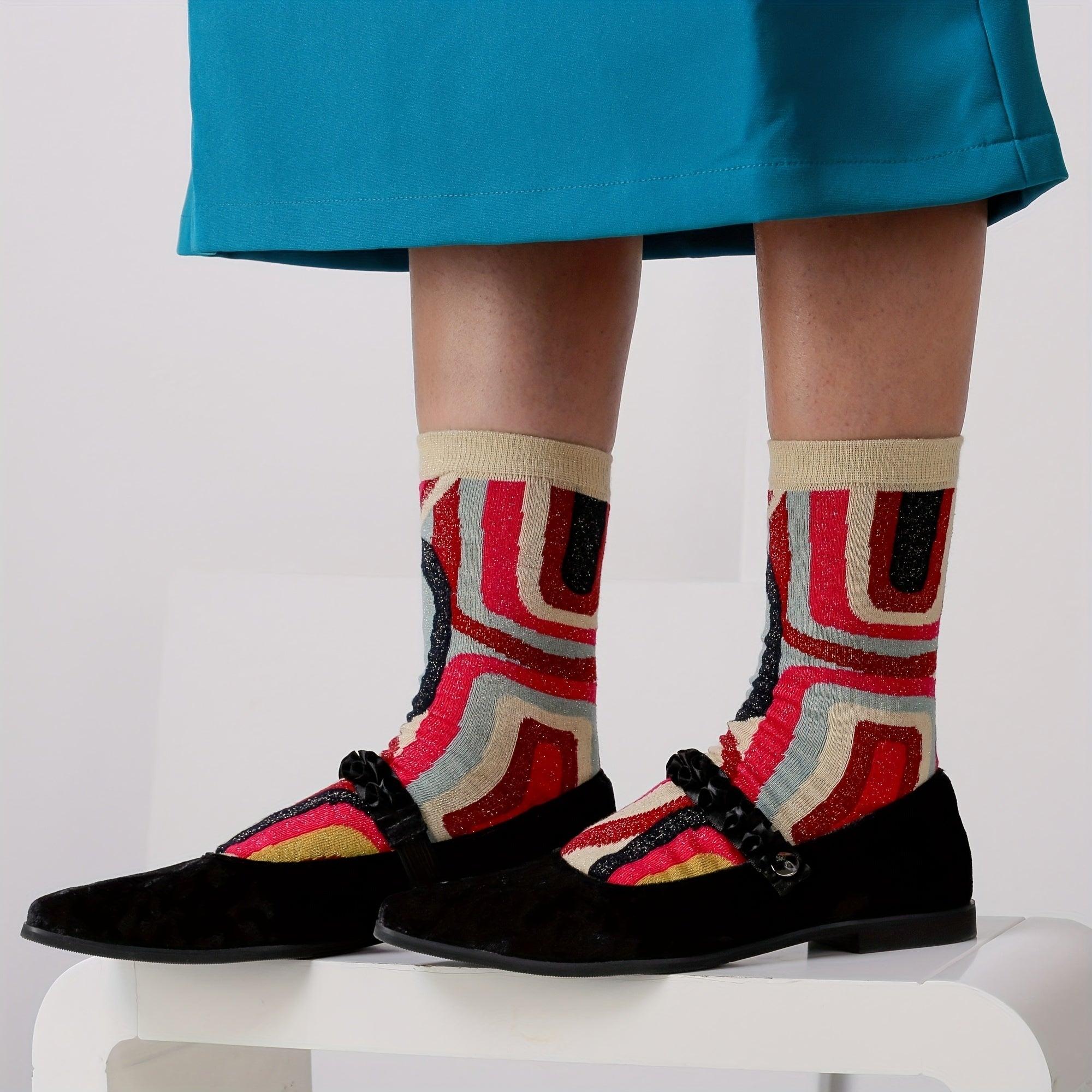3 Pairs Geometric Pattern Crew Socks Colorblock Mid Tube Women's Stockings