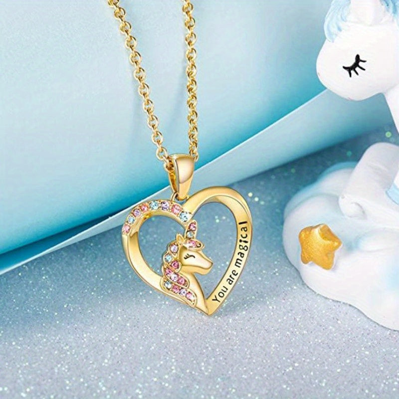 Zircon Unicorn Heart Pendant Necklace for Girls