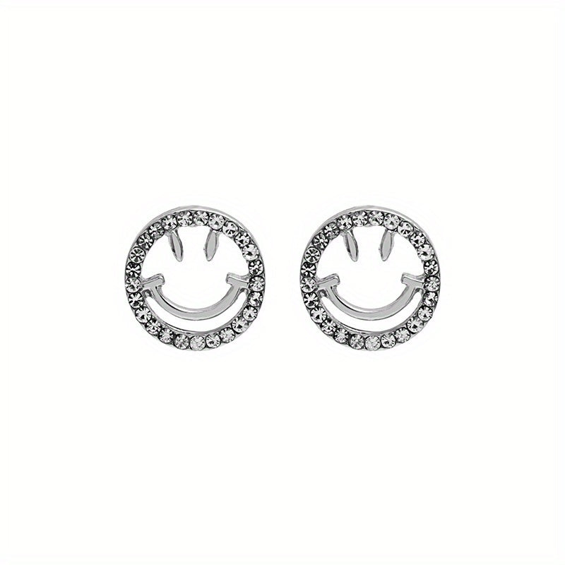 Golden Silvery Smiling Face Zircon Stud Earrings Japanese Style