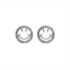 Golden Silvery Smiling Face Zircon Stud Earrings Japanese Style