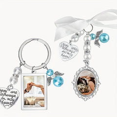 Alloy Photo Frame Pendant Silvery Frame Faux Pearl Rhinestone Satin Bowknot