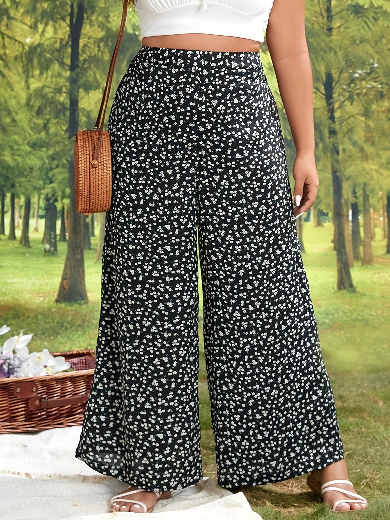  Wide Leg Trousers Elastic High Rise Floral Print Pants